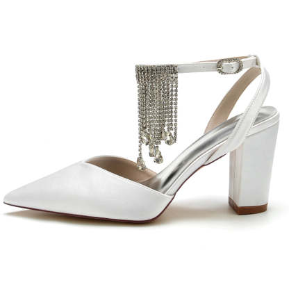 Bridal Shoes for Women with Block Heel Closed Toe Buckle Crystal & Tassels