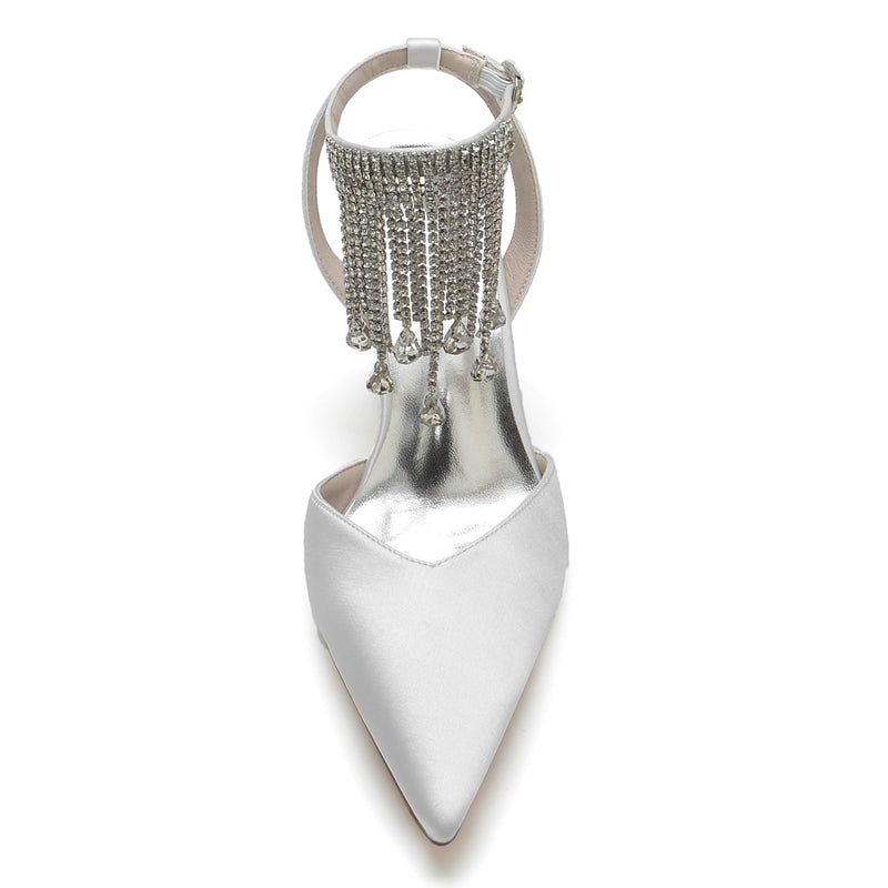 Bridal Shoes for Women with Block Heel Closed Toe Buckle Crystal & Tassels