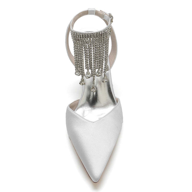 Bridal Shoes for Women with Block Heel Closed Toe Buckle Crystal & Tassels