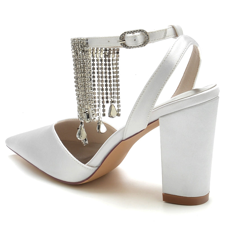 Bridal Shoes for Women with Block Heel Closed Toe Buckle Crystal & Tassels