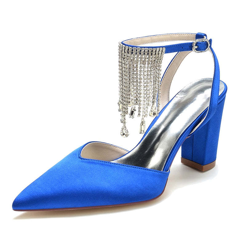 Bridal Shoes for Women with Block Heel Closed Toe Buckle Crystal & Tassels