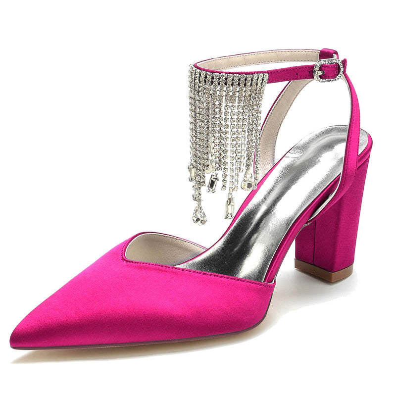 Bridal Shoes for Women with Block Heel Closed Toe Buckle Crystal & Tassels