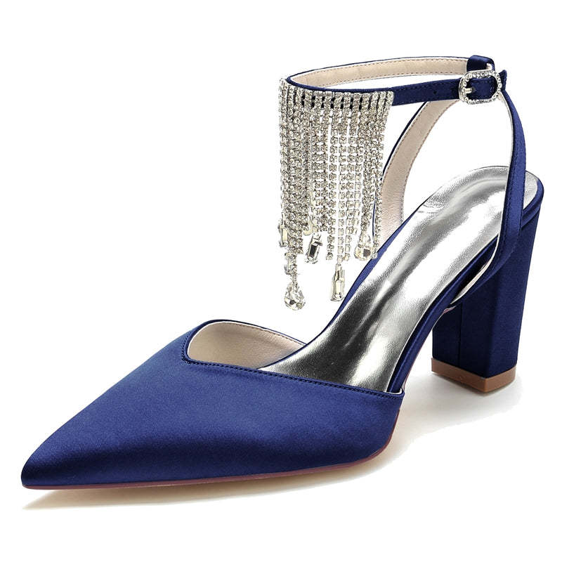 Bridal Shoes for Women with Block Heel Closed Toe Buckle Crystal & Tassels