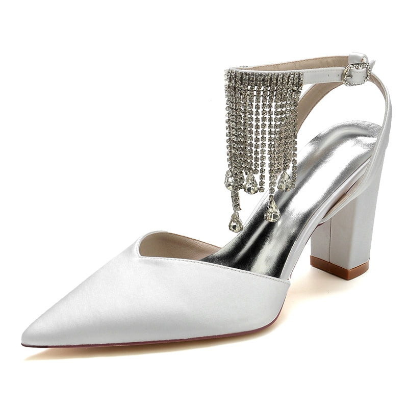 Bridal Shoes for Women with Block Heel Closed Toe Buckle Crystal & Tassels