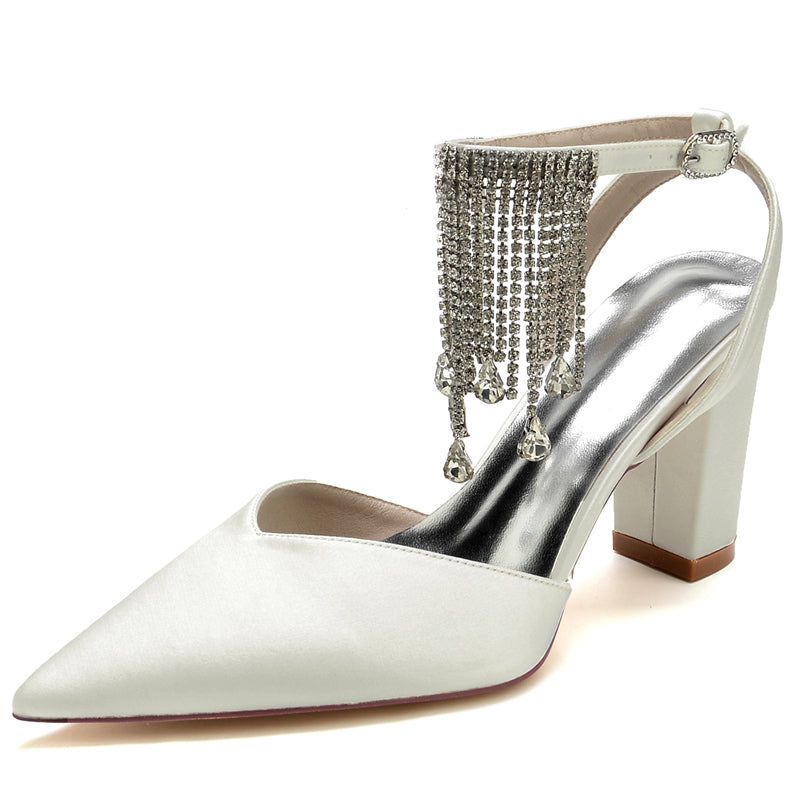 Bridal Shoes for Women with Block Heel Closed Toe Buckle Crystal & Tassels
