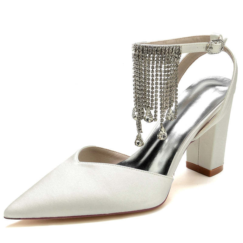 Bridal Shoes for Women with Block Heel Closed Toe Buckle Crystal & Tassels