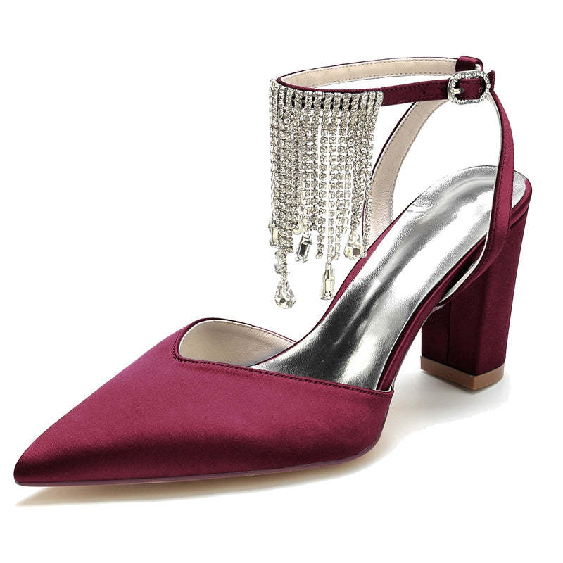 Bridal Shoes for Women with Block Heel Closed Toe Buckle Crystal & Tassels