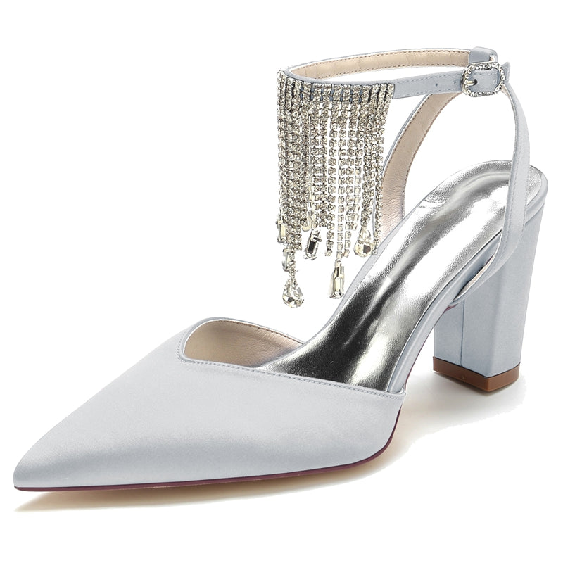 Bridal Shoes for Women with Block Heel Closed Toe Buckle Crystal & Tassels