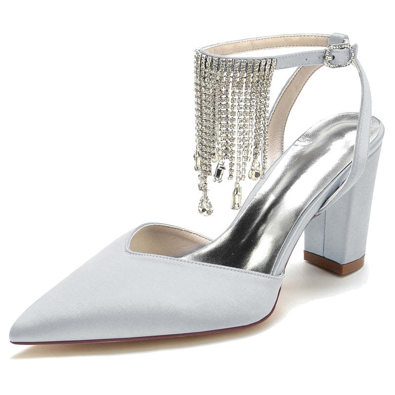 Bridal Shoes for Women with Block Heel Closed Toe Buckle Crystal & Tassels