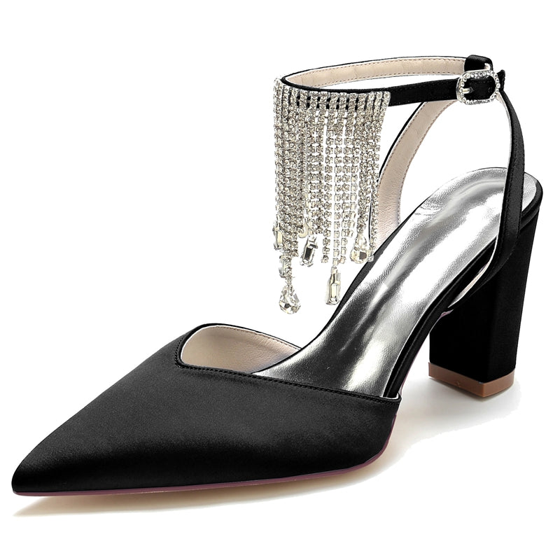 Bridal Shoes for Women with Block Heel Closed Toe Buckle Crystal & Tassels
