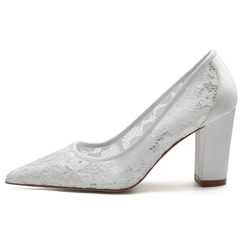 Elegant White Bridal Shoes for Women with Pointed Toe and Block Heel