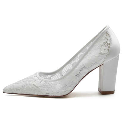 Elegant White Bridal Shoes for Women with Pointed Toe and Block Heel