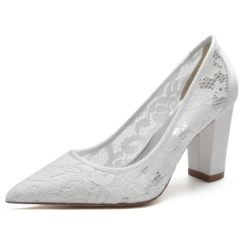 Elegant White Bridal Shoes for Women with Pointed Toe and Block Heel