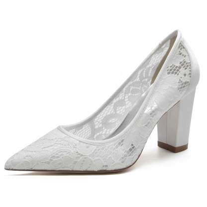 Elegant White Bridal Shoes for Women with Pointed Toe and Block Heel