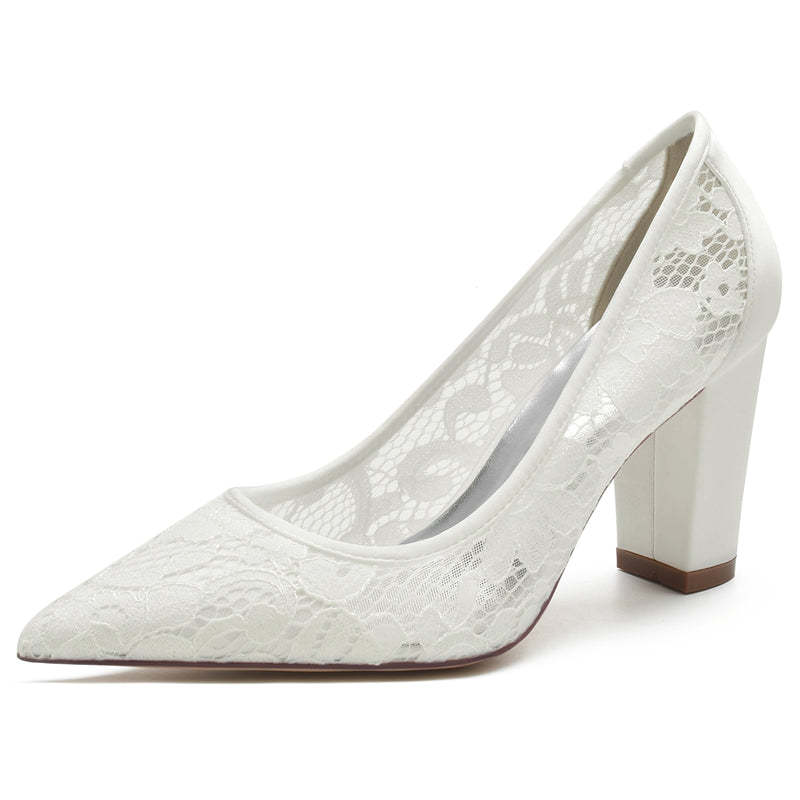 Elegant White Bridal Shoes for Women with Pointed Toe and Block Heel