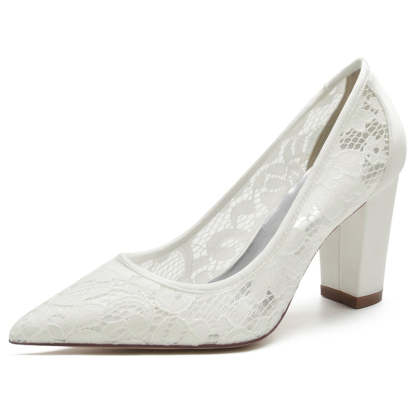 Elegant White Bridal Shoes for Women with Pointed Toe and Block Heel