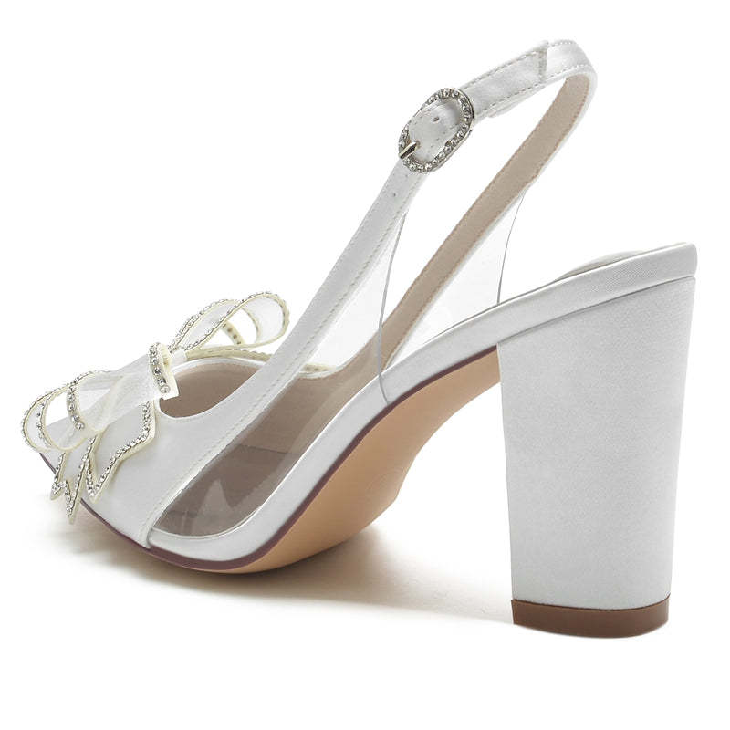 Bridal Shoes for Women with Pointed Toe Chunky Heel Buckle and Open Back