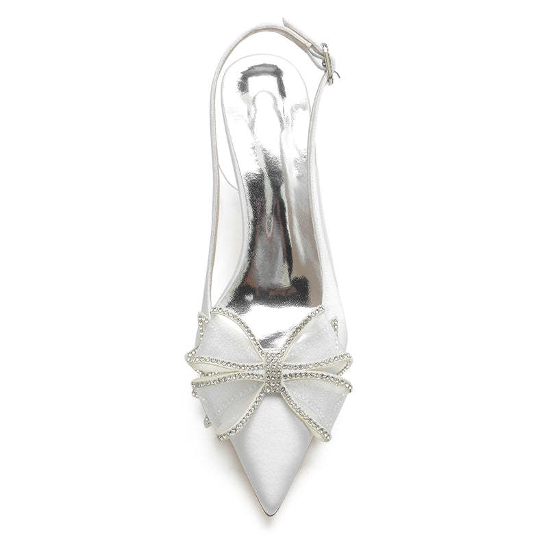 Bridal Shoes for Women with Pointed Toe Chunky Heel Buckle and Open Back