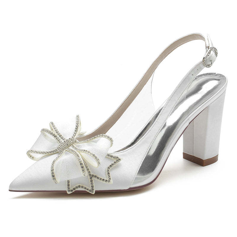 Bridal Shoes for Women with Pointed Toe Chunky Heel Buckle and Open Back