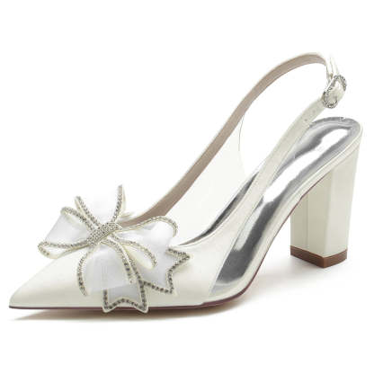Bridal Shoes for Women with Pointed Toe Chunky Heel Buckle and Open Back