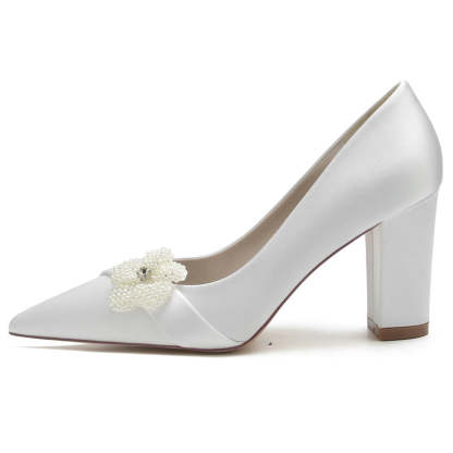 White Closed-Toe Bridal Shoes with Pearl Flower for Women