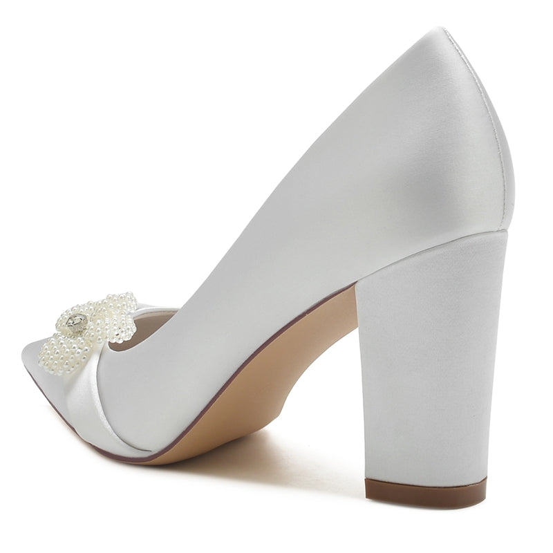 White Closed-Toe Bridal Shoes with Pearl Flower for Women