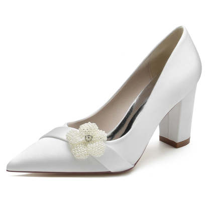 White Closed-Toe Bridal Shoes with Pearl Flower for Women