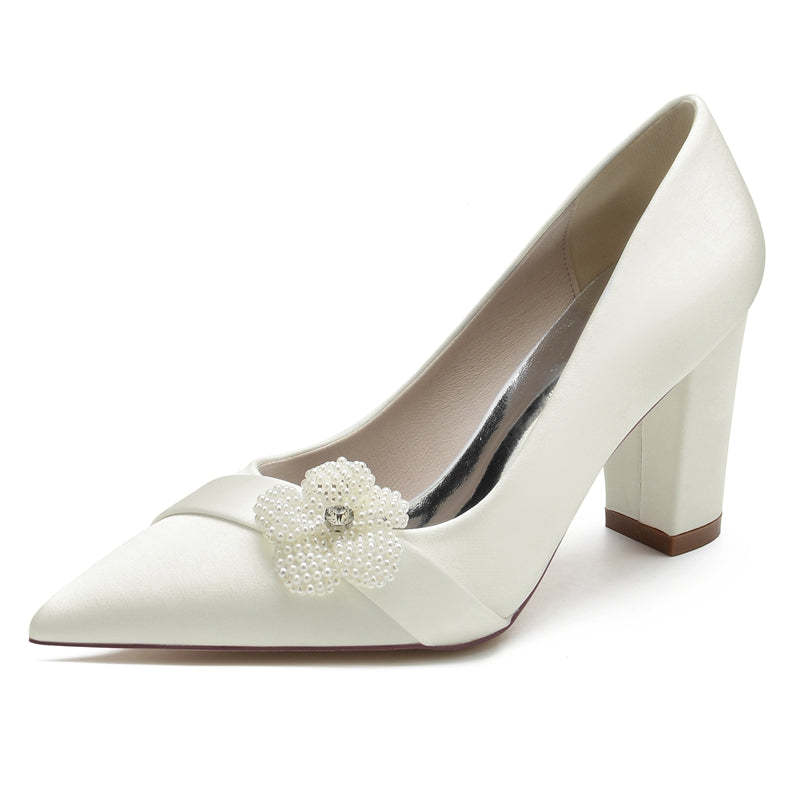 White Closed-Toe Bridal Shoes with Pearl Flower for Women