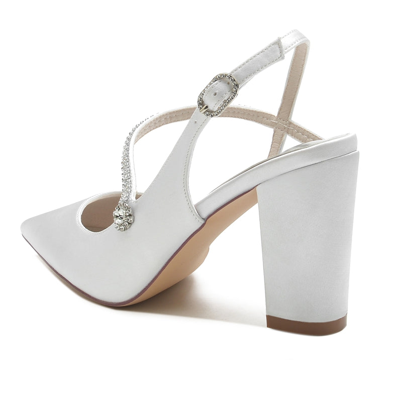 Bridal Shoes for Women with Closed Toe Chunky Heel Crossed Straps and Rhinestone Buckle