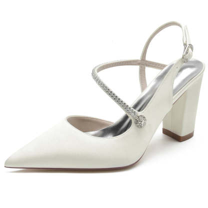 Bridal Shoes for Women with Closed Toe Chunky Heel Crossed Straps and Rhinestone Buckle