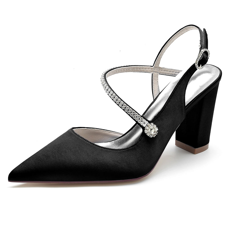 Bridal Shoes for Women with Closed Toe Chunky Heel Crossed Straps and Rhinestone Buckle