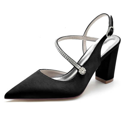 Bridal Shoes for Women with Closed Toe Chunky Heel Crossed Straps and Rhinestone Buckle