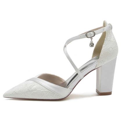 White Bridal Shoes for Women with Pointed Toe Block Heel and Crossed Lace Buckle Straps