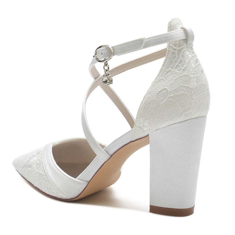 White Bridal Shoes for Women with Pointed Toe Block Heel and Crossed Lace Buckle Straps
