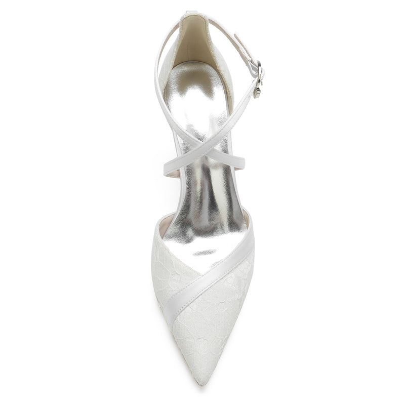 White Bridal Shoes for Women with Pointed Toe Block Heel and Crossed Lace Buckle Straps