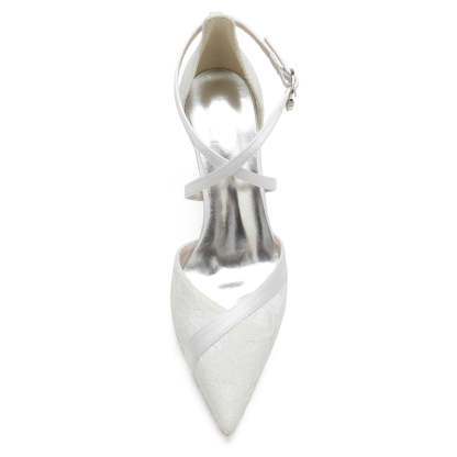 White Bridal Shoes for Women with Pointed Toe Block Heel and Crossed Lace Buckle Straps