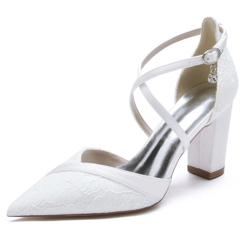 White Bridal Shoes for Women with Pointed Toe Block Heel and Crossed Lace Buckle Straps
