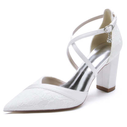 White Bridal Shoes for Women with Pointed Toe Block Heel and Crossed Lace Buckle Straps