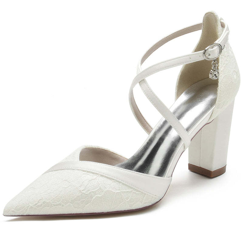 White Bridal Shoes for Women with Pointed Toe Block Heel and Crossed Lace Buckle Straps