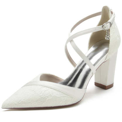 White Bridal Shoes for Women with Pointed Toe Block Heel and Crossed Lace Buckle Straps