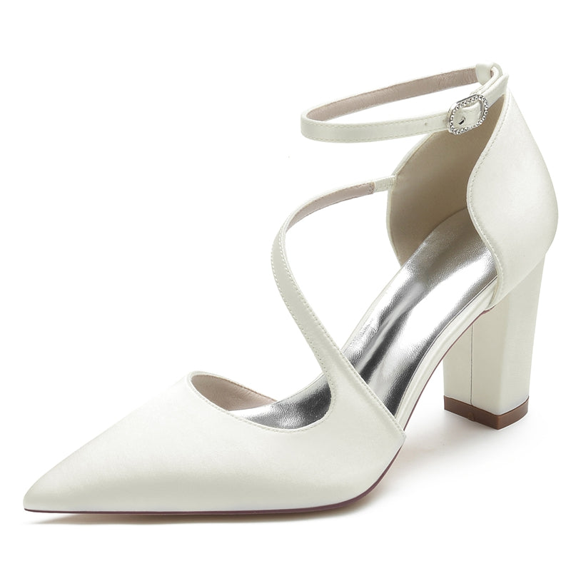 Black Bridal Shoes for Women with Closed Toe Block Heel and Buckled Crossed Straps