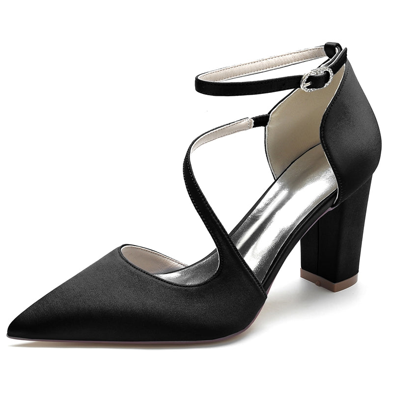 Black Bridal Shoes for Women with Closed Toe Block Heel and Buckled Crossed Straps