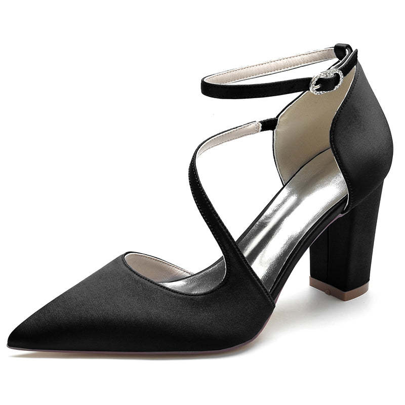 Black Bridal Shoes for Women with Closed Toe Block Heel and Buckled Crossed Straps