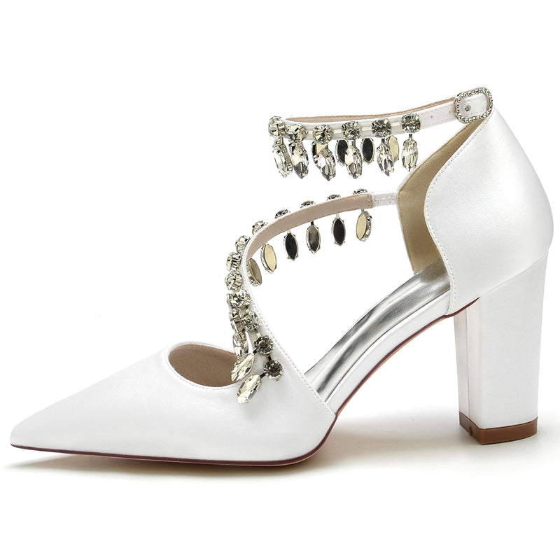 Luxurious Closed-Toe Bridal Shoes for Women with Rhinestone Buckle and Crossed Straps