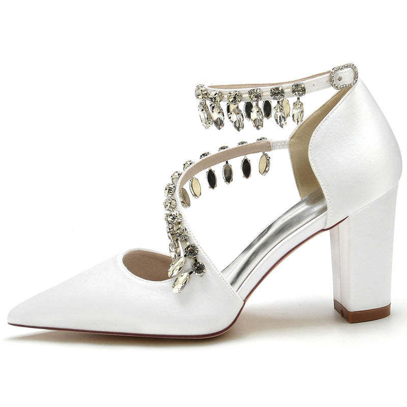 Luxurious Closed-Toe Bridal Shoes for Women with Rhinestone Buckle and Crossed Straps
