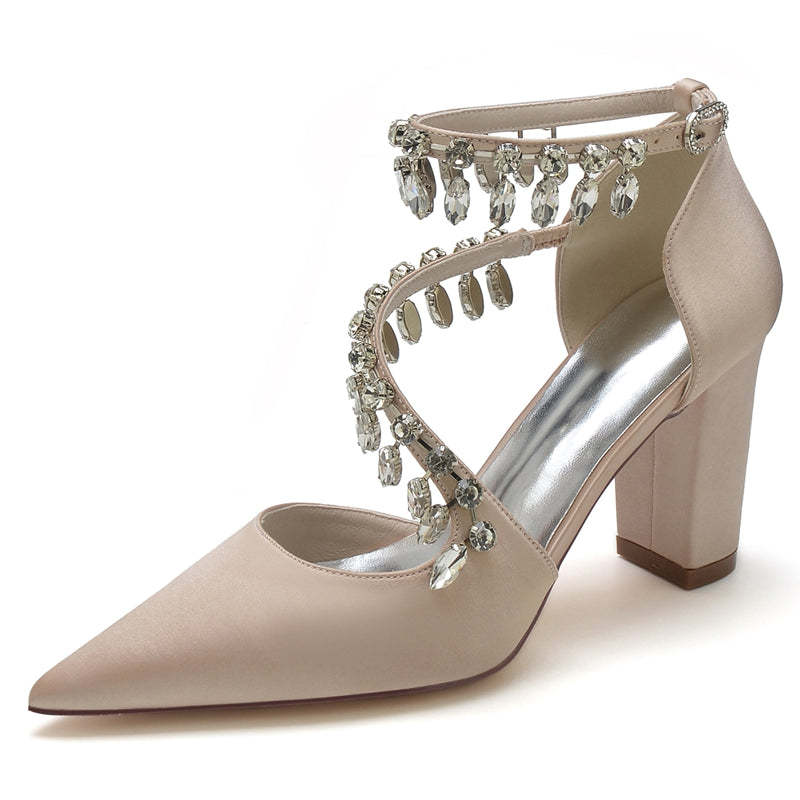 Luxurious Closed-Toe Bridal Shoes for Women with Rhinestone Buckle and Crossed Straps