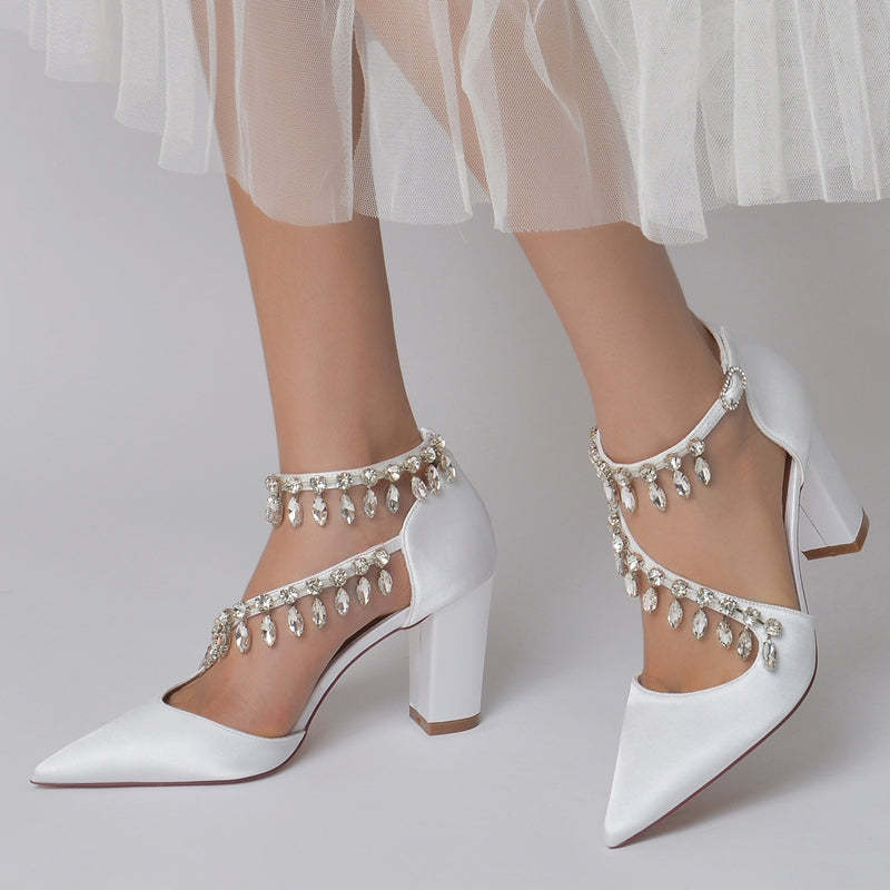 Luxurious Closed-Toe Bridal Shoes for Women with Rhinestone Buckle and Crossed Straps