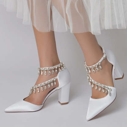 Luxurious Closed-Toe Bridal Shoes for Women with Rhinestone Buckle and Crossed Straps