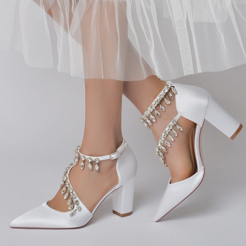 Luxurious Closed-Toe Bridal Shoes for Women with Rhinestone Buckle and Crossed Straps