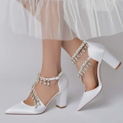 Luxurious Closed-Toe Bridal Shoes for Women with Rhinestone Buckle and Crossed Straps